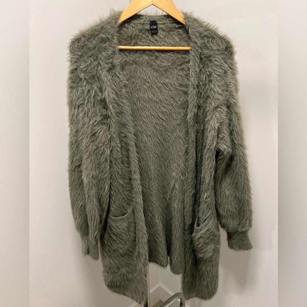 Fuzzy Texture Ribbed Cardigan Sage Green